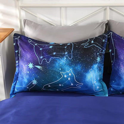 Wowelife 5 Piece Galaxy Space Cat Bedding Comforter Set Queen Constellation Bedding Set Blue Kids Bedding Set Bed in a Bag for Boys and Girls with Comforter, Flat Sheet, Fitted Sheet and 2 Pillowcases - LeafyLoom