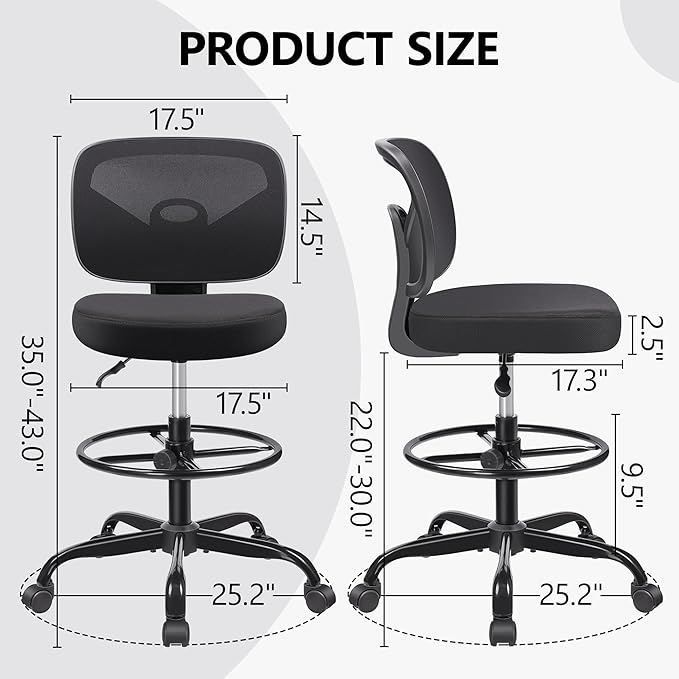 Primy Office Drafting Chair Armless, Tall Office Desk Chair Adjustable Height and Footring, Mid-back Ergonomic Standing Desk Chair Mesh Rolling Tall Chair for Art Room, Office or Home(Black) - LeafyLoom