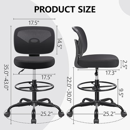 Primy Office Drafting Chair Armless, Tall Office Desk Chair Adjustable Height and Footring, Mid-back Ergonomic Standing Desk Chair Mesh Rolling Tall Chair for Art Room, Office or Home(Black) - LeafyLoom