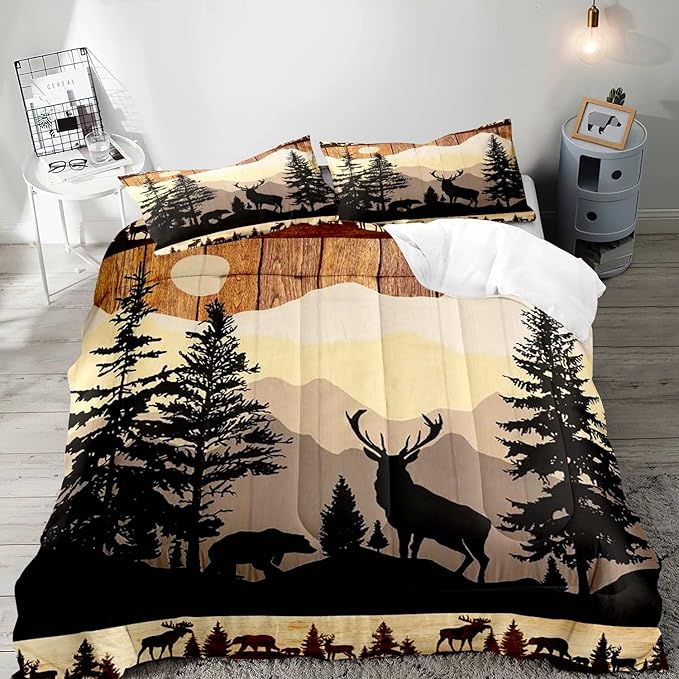 LUVIVIHOME 3PCS Black Bear Deer Comforter Set, Brown Comforter Set Queen, Pine Tree Woodland Forest Animal Elk Moose Wildlife Hunting Cabin Lodge Country Rustic Farmhouse Bedding Quilt, 2 Pillow Shams - LeafyLoom