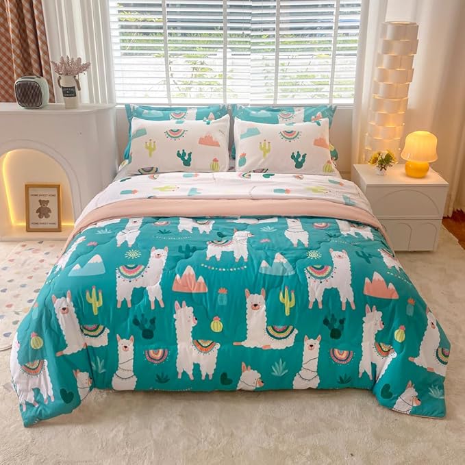 Wajade Kids Llama Comforter Set Bed in A Bag Twin Size 7 Piece Cute Alpaca Tropical Plant Cactus Bedding Set for Girls Boys (1 Comforter, 1 Flat Sheet, 1 Fitted Sheet, 2 Pillowcase and 2 Pillow Sham) - LeafyLoom