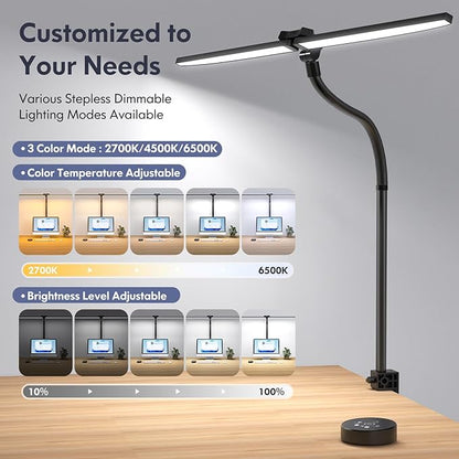 LED Desk Lamp for Home Office, Dual Head Architect Lamp with Clamp, Desk Light for Dual Computer Monitor, 24W 2000LM Dimmable, 2700K/4500K/6500K Adjustable, Gooseneck Desk Lighting for Workbench Study - LeafyLoom