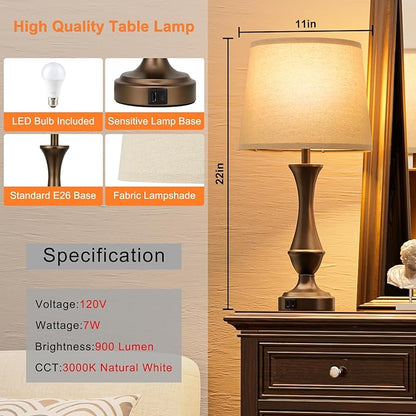 Touch Lamps for Bedrooms Set of 2 - Nightstand Table Lamp with USB C+A, 3 Way Dimmable Bedside Lamps for Living Room End Tables Set of 2, Farmhouse Night Stand Lamps for Bed Side Guest Room(Brown) - LeafyLoom