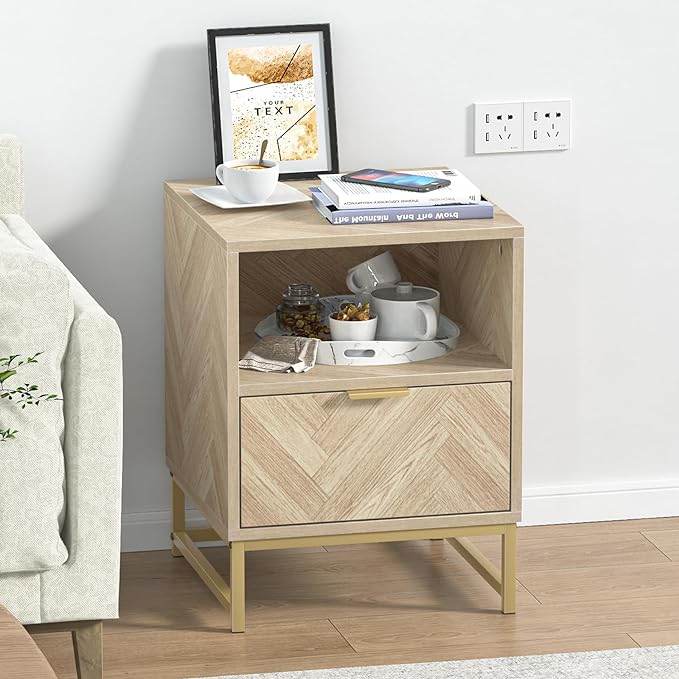 Anmytek Night Stand, Small Side Table, Sturdy Wood Nightstand with Storage Drawer and Shelf, Modern End Table Bedside Table with Polished Gold Handles for Bedroom, Dorm, Small Spaces H0054 - LeafyLoom