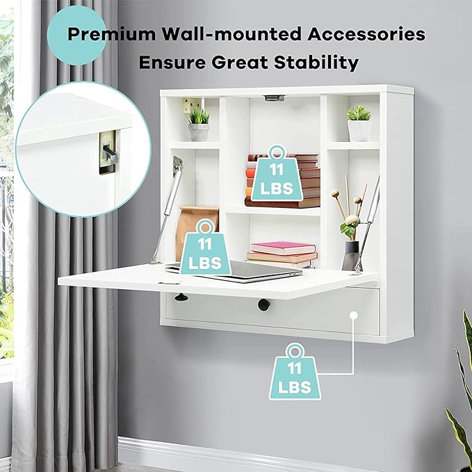 2 in 1 Foldable Tabletop, Folding Wall Mount Laptop Storage Compartments Space Saving Floating Desk, Small, White - LeafyLoom