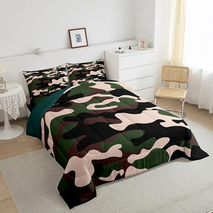 Feelyou Full Size Camouflage Comforter Set 3Pcs Kids Bedding Set for Boys Girls Teens 1 Comforter & 2 Pillowcases(Full,Army Green) - LeafyLoom