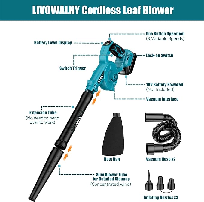 Leaf Blower Cordless for Makita 18V Battery, LIVOWALNY 120CFM 230MPH 2-in-1 Electric Leaf Blowers & Vacuum with 3 Speed Mode for Cleaning Patio, Yard, Sidewalk, Snow, Lawn Care - LeafyLoom