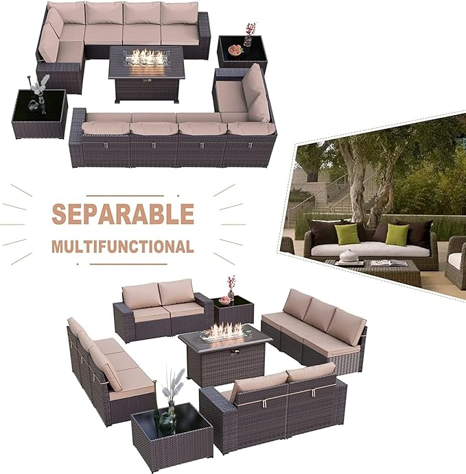 Kullavik 13 Pieces Outdoor Patio Furniture Set with 43" 55000BTU Gas Propane Fire Pit Table PE Wicker Rattan Sectional Sofa Patio Conversation Sets,Sand - LeafyLoom