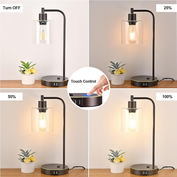 Industrial Touch Table Lamps Set of 2 - Bedside Lamps with 2 USB Ports & AC Outlet, 3-Way Dimmable Nightstand Desk Lamp for Bedroom Living Room, Glass Shade & 2 LED Bulbs Included - Oil-Rubbed Bronze - LeafyLoom