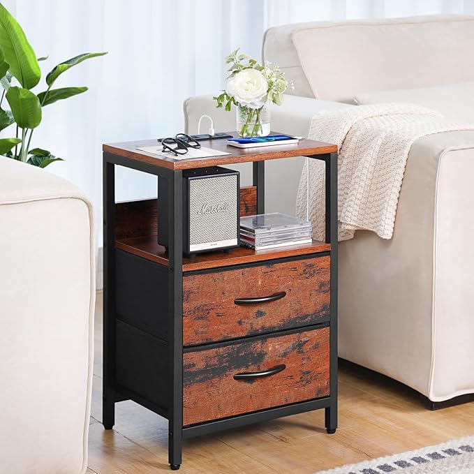 Yoobure Nightstand with Charging Station, Small Night Stand with Fabric Drawers and Storage Shelf for Bedrooms, Nightstands for Small Spaces Bedside Table with USB Ports & Outlets, Bed Side Table - LeafyLoom