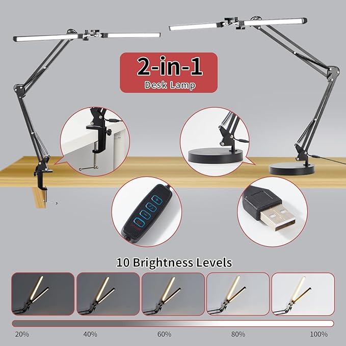 Double Swing Arm Bright LED Desk Light Adjustable Foldable Desk Lamp for Home Office, 3 Colors Lighting & Stepless Dimming Dimmable Table Desk Light for Work/Study/Craft - LeafyLoom