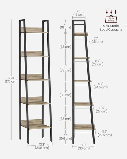 VASAGLE Bookshelf, 5-Tier Narrow Bookcase, Ladder Shelf for Home Office, Living Room, Bedroom, Kitchen, Camel Brown and Black ULLS109B50V2 - LeafyLoom