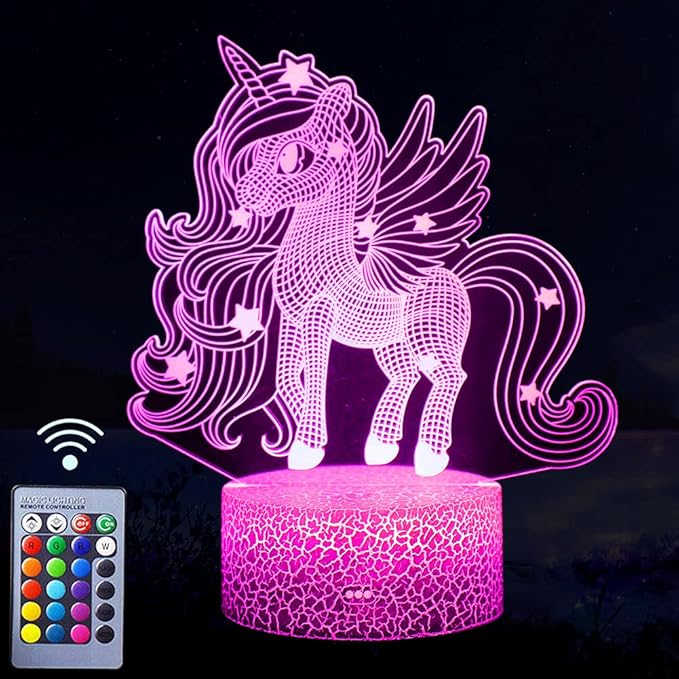 Unicorn Night Light, 3D Illusion Lamp Unicorn Lights for Kids Room, 16 Colors & Flashing Modes with Remote Control Opreated Dimmable Christmas Birthday Gifts for Boys Girls Kids Children Teen - LeafyLoom