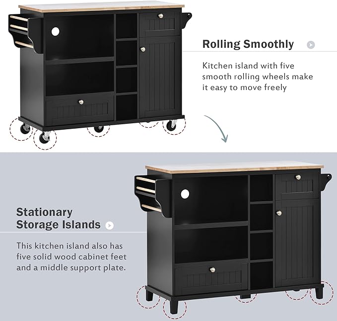 Mobile Cart with Storage Cabinet & Solid Wood Desktop, Kitchen Island on Wheels w/Adjustable Shelf and Drawer, Floor Standing Buffet Server Sideboard for Dining Room, Bar, Black, 50.8 Inch - LeafyLoom