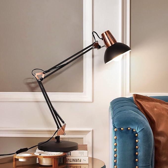 FIRVRE Metal Desk Lamp Adjustable Goose Neck Architect Table Lamp Sandy Black Tall Reading Light Swing Arm Desk Lamp with Clamp Eye-Caring for Bedroom Bedside Study Home Office Library Workplace - LeafyLoom