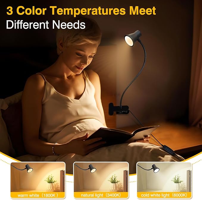 Clip on Light Reading for Bed LED Desk Lights 3 Color Modes 10 Brightness USB Lamp Eye Care 360° Flexible Gooseneck Dimmable for Headboard Computer Read Books Task Lamps with Adapter Bookmark(Black) - LeafyLoom