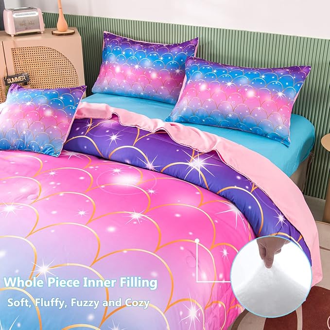 PERFEMET Pink Mermaid Comforter Set Full Size 6 Pieces Bed in A Bag Colorful Rainbow Bedding Set for Teens Girls 3D Sparkly Glitter Ombre Bed Set with Comforter and Sheets (Pink Mermaid, Full) - LeafyLoom