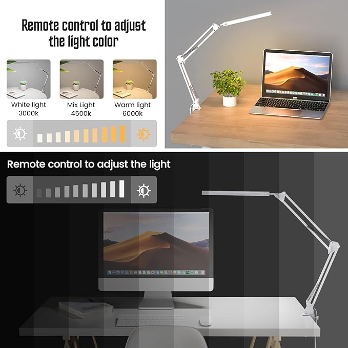 LED Desk Lamp, Swing Arm Desk Light with Clamp, 3 Lighting 10 Brightness Eye-caring Modes, reading desk lamps for home office 360°Spin with USB Adapter & Memory Function white-14W - LeafyLoom