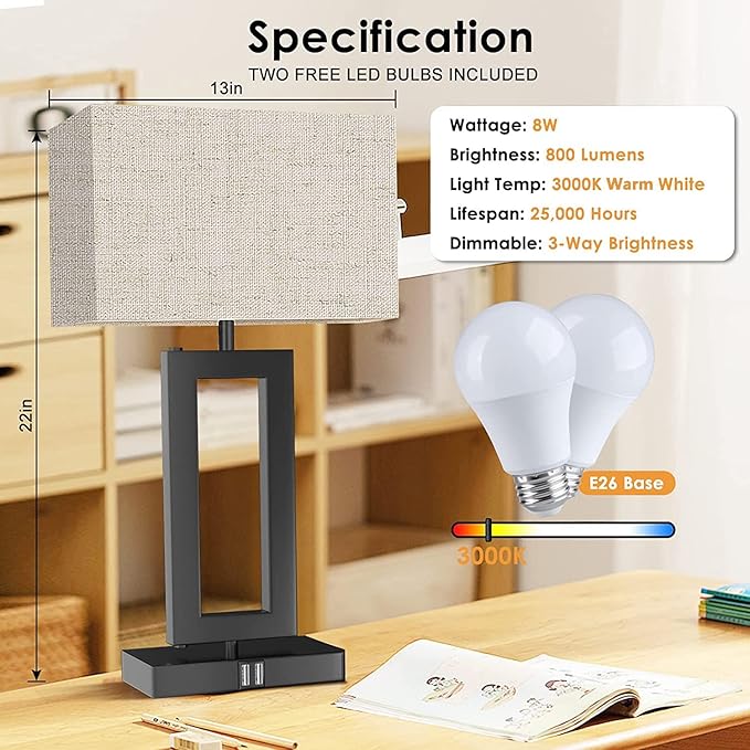 Tall Table Lamps for Living Room Set of 2, Modern Bedside Lamps w. 2 USB Ports, 3-Way Dimmable Touch Control Nightstand Lamp Set w. Fabric Cream Shade for Bedroom End Table, 22 in - LeafyLoom