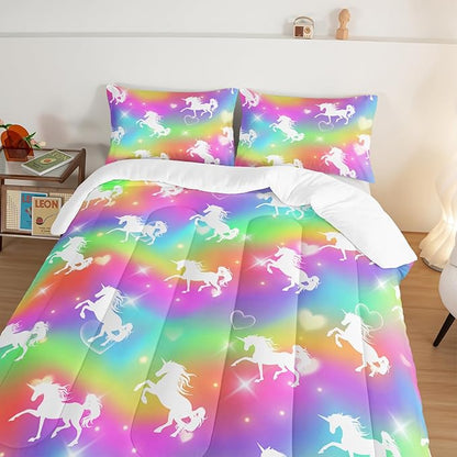 HOSIMA Unicorn Bedding 3pcs Rainbow Comforter Set with 2 Pillowcases,Sparkle Stars Full Size Bed in a Bag Set for Adults Teen Girls,Cute Rainbow Unicorn Comforter Princess Toddler Bedding Set. - LeafyLoom