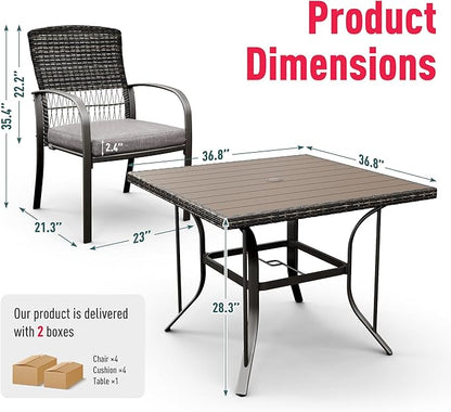 Pamapic Patio Table and Chairs Set, All-Weather Rattan Outdoor Table and Chairs with Removable Waterproof Cushions, Plastic-Wood Patio Dining Set for 4 with Umbrella Hole(Gray) - LeafyLoom