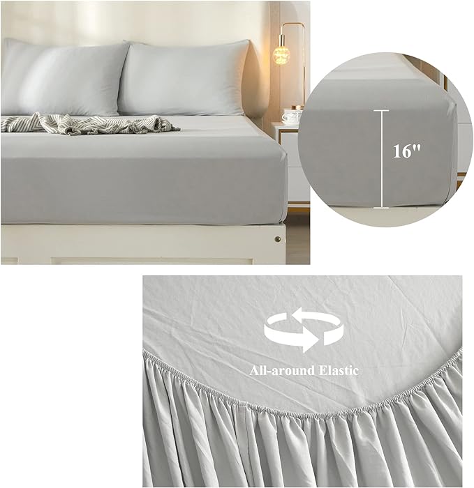 Light Grey Sheets for Queen Size Bed,4 Piece Cooling Sheets Queen Deep Pocket up to 16 Inch,Solid Bedding Sheets & Pillowcases Set,Wrinkle,Fade,Stain Resistant - 4 Piece (Queen,Light Grey) - LeafyLoom