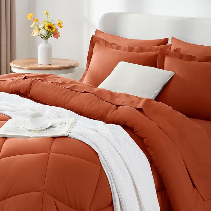 CozyLux King Comforter Set with Sheets 7 Pieces Bed in a Bag Burnt Orange All Season Bedding Sets with Comforter, Pillow Shams, Flat Sheet, Fitted Sheet and Pillowcases - LeafyLoom