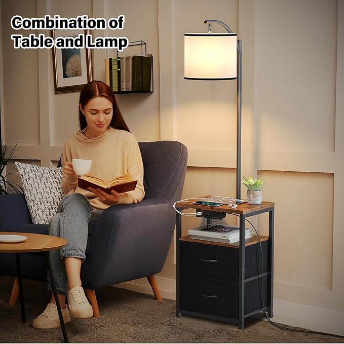 SUNMORY Floor Lamp with Table & 2 Drawers, Lamp with USB Port and Outlet, Nightstand with 3 Color Temperature Led Bulb Included, Floor Lamps for Living Room, Bedroom and Home Office, Rustic Brown - LeafyLoom