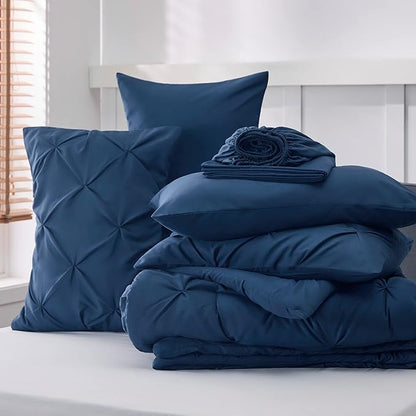 Bedsure Navy Comforter Set Queen - Bed in a Bag Queen 7 Pieces, Pintuck Bedding Sets Navy Blue Bed Set with Comforter, Sheets, Pillowcases & Shams - LeafyLoom