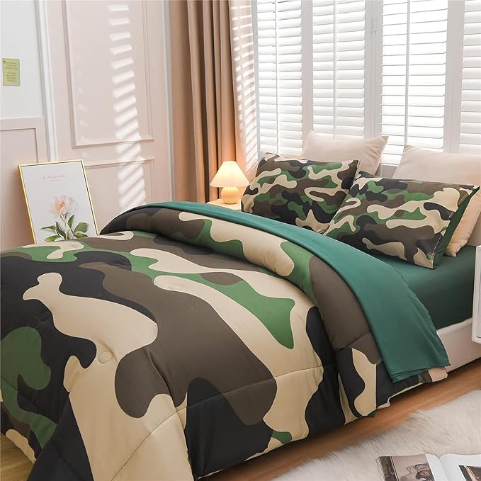 Meeting Story Camouflage Bedding Set, Colorful Pattern Style Comforter Set, 5 PCS One Comforter Two Pillowcases Two Sheets in One Bag, All Season Bedspread for Teens Adults (Green, Queen 5Pcs) - LeafyLoom