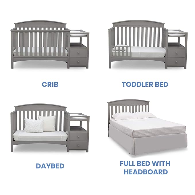 Delta Children Abby Convertible Crib 'N' Changer, Grey + Serta Perfect Slumber Dual Sided Recycled Fiber Core Crib and Toddler Mattress (Bundle) - LeafyLoom