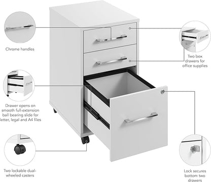 Bush Business Furniture Hustle 3 Drawer Rolling File Cabinet in White, Mobile Document Storage for Home and Professional Office - LeafyLoom