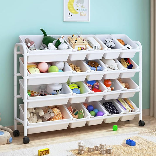 Kids Toy Storage Organizer with 20 Plastic Bins, 4-Tier Metal Toy Storage Rack, Extra Large Toy Organizer and Storage Bins for Kids Room, Playroom and Nursery, White - LeafyLoom