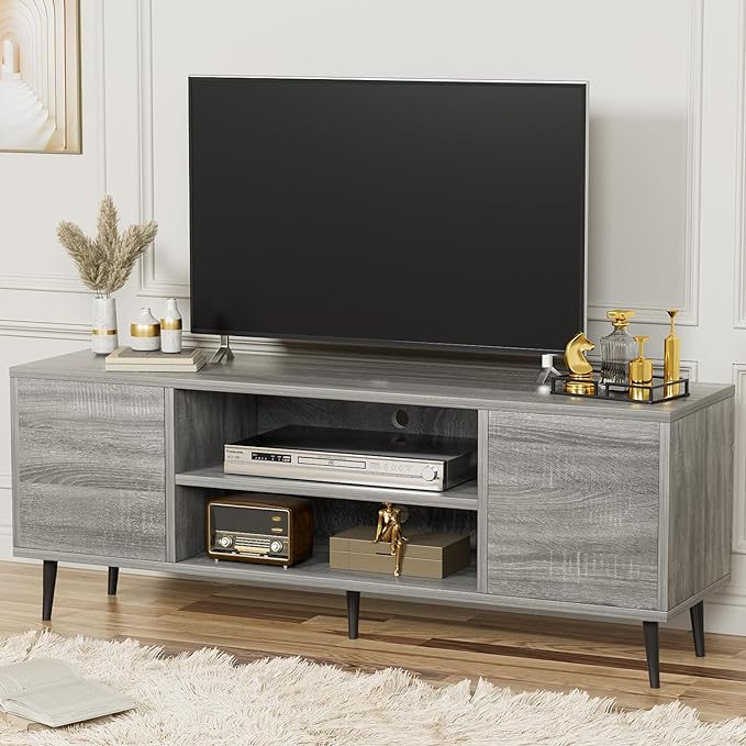 YESHOMY Modern TV Stand for 65" Television, Entertainment Center with Two Storage Cabinets, Retro Style Media Console for Living Room, Bedroom, Office, 58 Inch, Light Gray - LeafyLoom