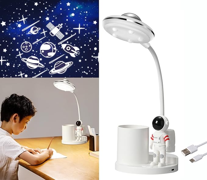 Desk Lamp for Teens Astronaut Desk Lamp with Projection Light and Pen Holder, Kids LED Desk Lamp for Bedroom Reading, Stepless Dimming Desk Lamp Eye-Caring for Studying - LeafyLoom