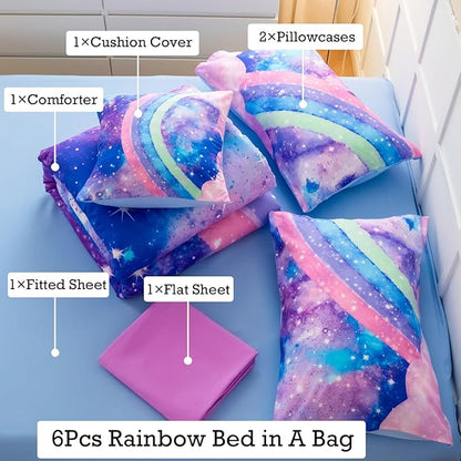 Tie Dye Blue Teens Comforter Set Queen for Girls, 3D Rainbow Gradient Glitter Bed in A Bag, 6 Pieces Twinkle Nebula Comforter Kids Bedding Set for All Season - LeafyLoom