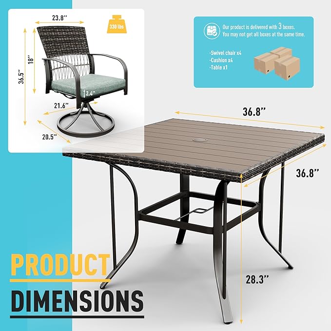 Pamapic 5 Piece Patio Dining Set for 4,Wicker Outdoor Furniture Set for Backyard Garden Deck Poolside with Square Plastic-Wood Table Top,4 Cushions Swivel Rocker Chairs,Removable Cushions(Green) - LeafyLoom