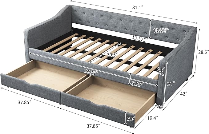 Twin Daybed Frame with 2 Storage Drawers,Upholstered Sofa Bed W/Button & Nailhead Tufted Design,Wood Slats Support,Linen Fabric Bedframe for Living Room Bedroom Apartment,Light Gray - LeafyLoom