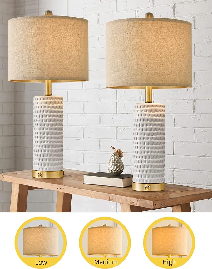 PORTRES 24" Farmhouse 3-Way Dimmable Touch Ceramic Table Lamp Set of 2 for Bedroom White Bedside Lamps with USB A+C Charging Ports for Living room Nightstand Lamp End Table lamps - LeafyLoom