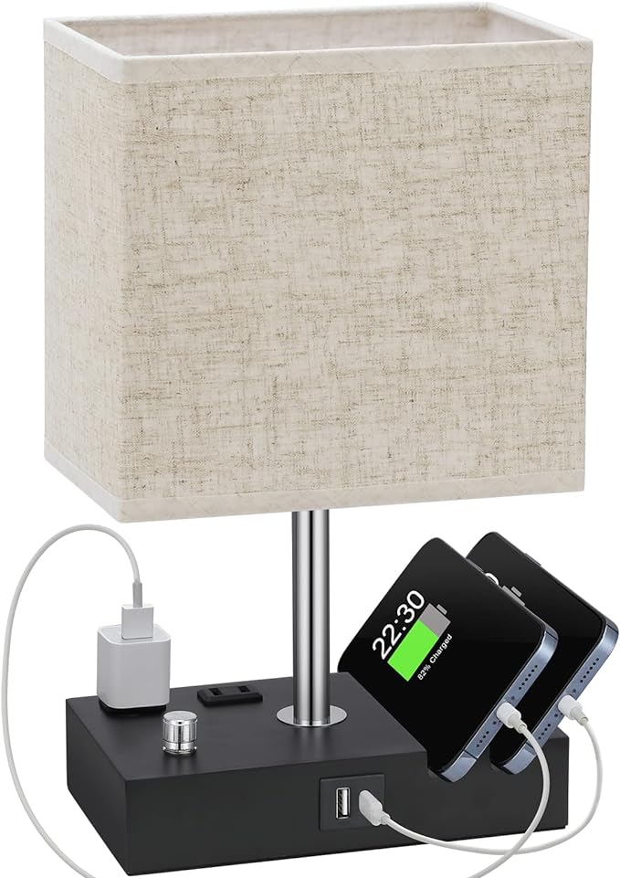 Kakanuo Table Lamp for Bedroom with Dual USB Ports, Beige Fully Dimmable Bedside Lamp with Phone Stands and 2 Charging Outlets, Desk Lamp for Nightstand and Living Room, LED Bulb Included - LeafyLoom