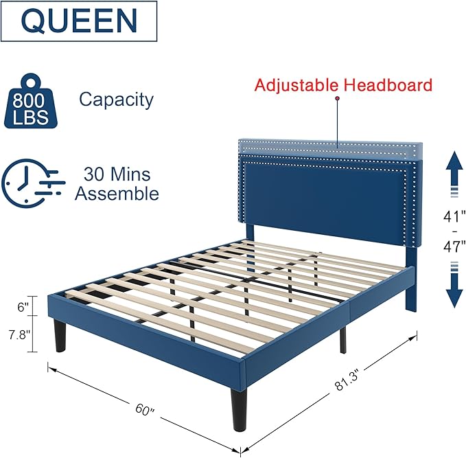 VECELO Queen Size Platform Bed Frame with Height Adjustable Upholstered Headboard, Modern Mattress Foundation,Strong Wood Slat Support, No Box Spring Needed, Easy Assembly - LeafyLoom