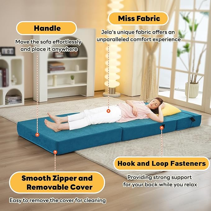 jela Sofa Bed Foldable Mattress Luxury Miss Fabric, Folding Sleeper Sofa Chair Bed Floor Mattress Floor Couch, Fold Out Couch Futon Mattress for Guest Room, Living Room (83"x33",Lightblue) - LeafyLoom