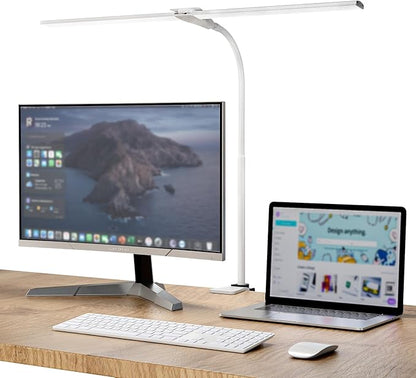 LED Desk Lamp, Double Head Desk Lamps for Home Office, Dimmable 25 Lighting Modes Bright Desk Lighting,12W 1400lm Eye-Caring Architect Table Lamp for Workbench Monitor Reading Study, White - LeafyLoom