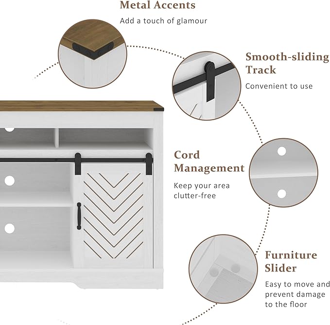 Farmhouse Stand for TVs up to 65+ Inch Tall Entertainment Center with Sliding Barn Door, Console Storage Cabinet for Bedroom, Living Room, Wood Grain White - LeafyLoom
