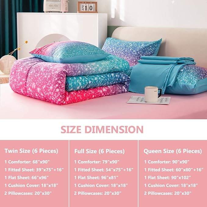 PERFEMET 6Pcs Pink Full Size Comforter Sets for Girls Colorful Rainbow Glitter Kids Bedding Set Sparkly Pastel Ombre Teen Girl Bed in A Bag Comforter Set with Sheets (Pink Blue, Full) - LeafyLoom