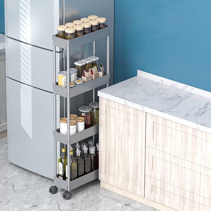 Sooyee 4 Tier Slim Storage Cart,Rolling Storage Cart,Narrow Shelf,Bathroom Rack,Mobile Shelving Unit Organizer for Kitchen, Bathroom, Laundry Room, Grey - LeafyLoom