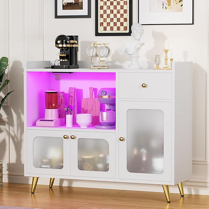 Cyclysio Sideboard Buffet Cabinet with Power Outlet, Kitchen Cabinet with LED Lights, Large Bar Cart Accent Buffet Cabinet with Door for Bedroom, Living Room, Kitchen, Hallway, White - LeafyLoom