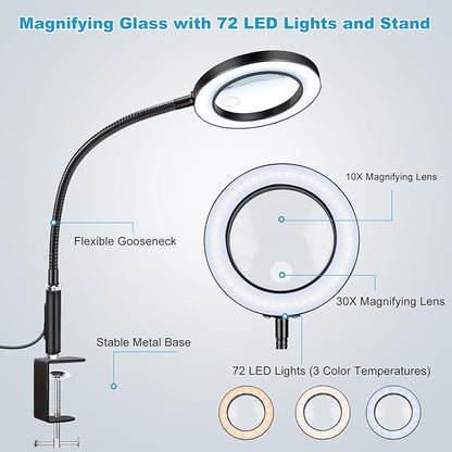 NZQXJXZ Large 30X10X Magnifying Glass with 72 LEDs Light Desk Magnifier with Clip 3 Color Modes and 10 Stepless Dimmable Desk Magnifying Lamp for Hobbies, Reading, Close Work, Jewelry - LeafyLoom