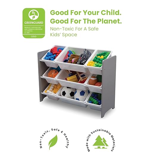 Delta Children MySize 9 Bin Plastic Toy Organizer - Greenguard Gold Certified, Grey & MySize Deluxe Toy Box - Greenguard Gold Certified, Grey - LeafyLoom