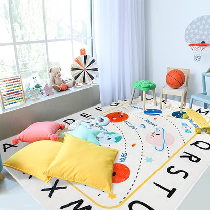 Soft ABC Kids Rug,59x39 in Washable Large Classroom Rug,Non-Slip Educational Nursery Rug,Solar System Kids Room Rug for Classroom Playroom Bedroom Kids Room Decor - LeafyLoom